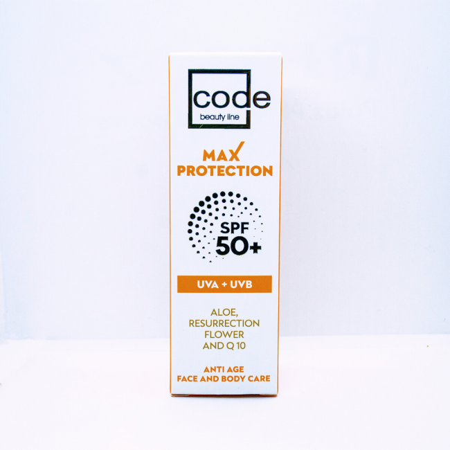 Слънцезащитен крем за лице и тяло SPF 50+ с екстракт от Орфеево цвете - Code - без бели следи